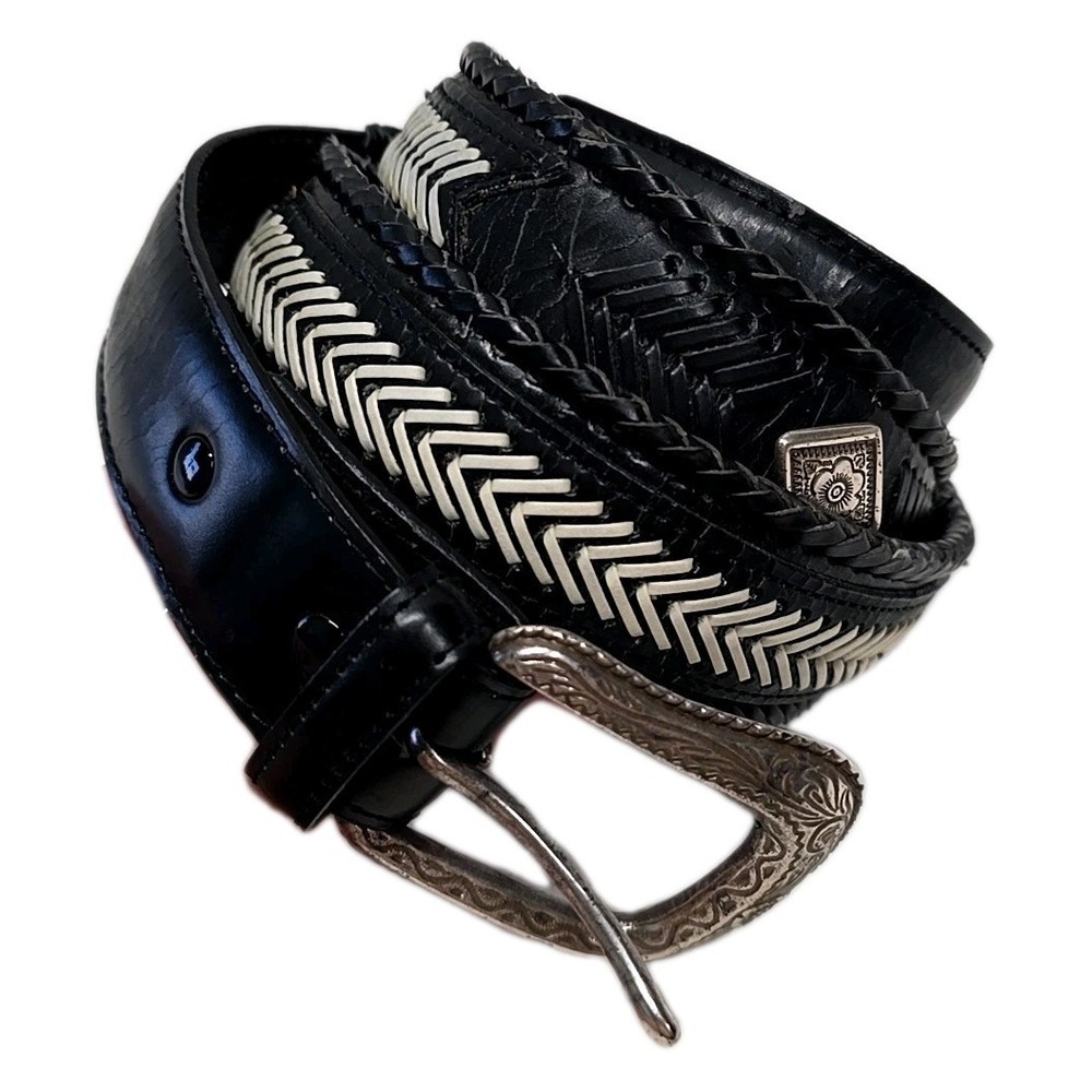 Unbranded Western Belt Mens 34 Black White Braided Leather Silver Plated Buckle